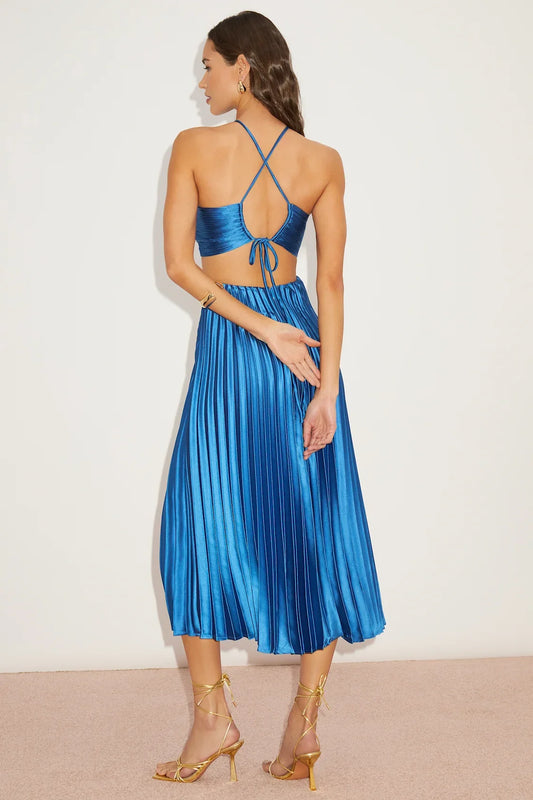 Cobalt Blue Halter Neck Cutout Pleated Satin Midi Dress