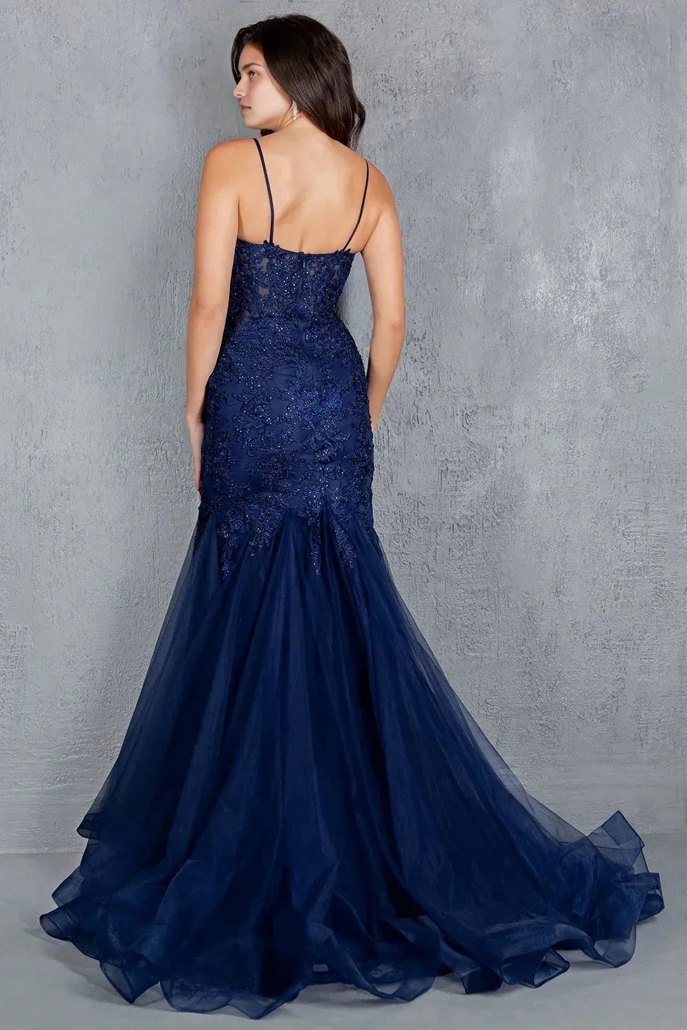 Lace-Embellished Mermaid V Neck Spaghetti Strap Open Back Train Floor Length Prom Dress by YiHuiw