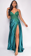 Lace-Intricate Mermaid V Neck Spaghetti-Strap Plunging Lace-Up-Back High-Slit Floor-Length Evening Dress