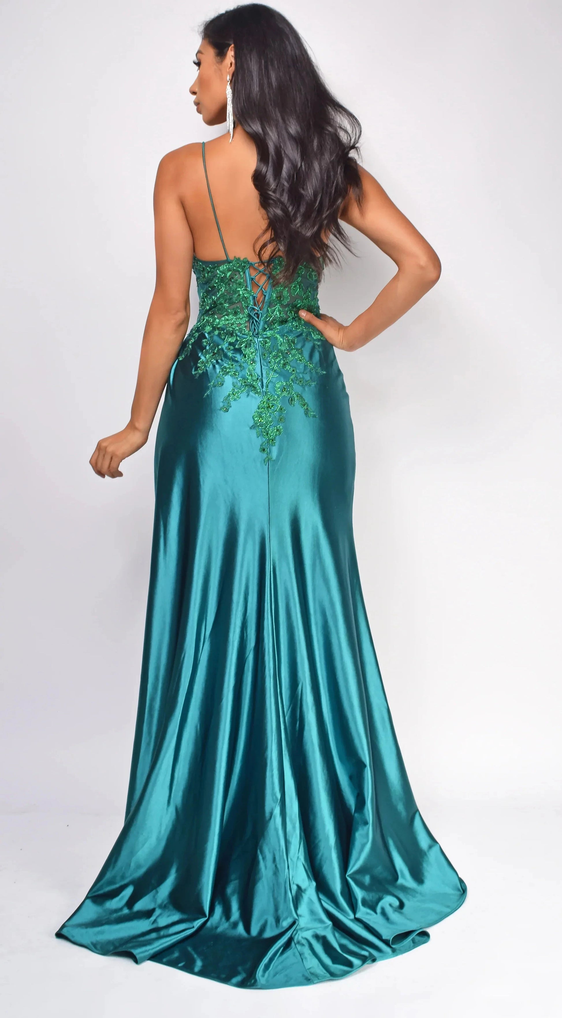 Lace-Intricate Mermaid V Neck Spaghetti-Strap Plunging Lace-Up-Back High-Slit Floor-Length Evening Dress by YiHuiw