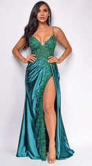 Lace-Intricate Mermaid V Neck Spaghetti-Strap Plunging Lace-Up-Back High-Slit Floor-Length Evening Dress