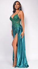 Lace-Intricate Mermaid V Neck Spaghetti-Strap Plunging Lace-Up-Back High-Slit Floor-Length Evening Dress
