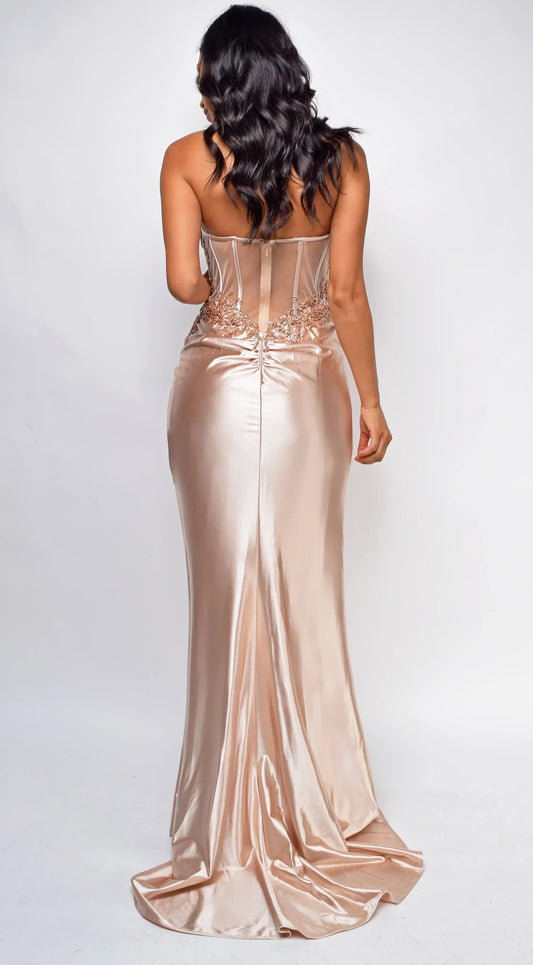 Lace-Intricate Sequin-Embellished Strapless Sweetheart Satin Mermaid Train Evening Dress