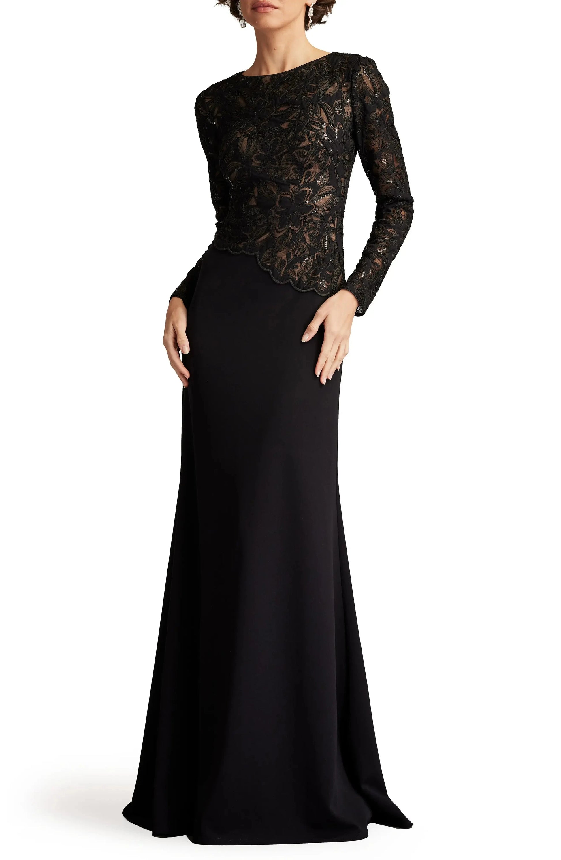 Lace Overlay Trumpet Crew Neck Long Sleeve Zipper Back Train Length For Sale Evening Dress by YiHuiw