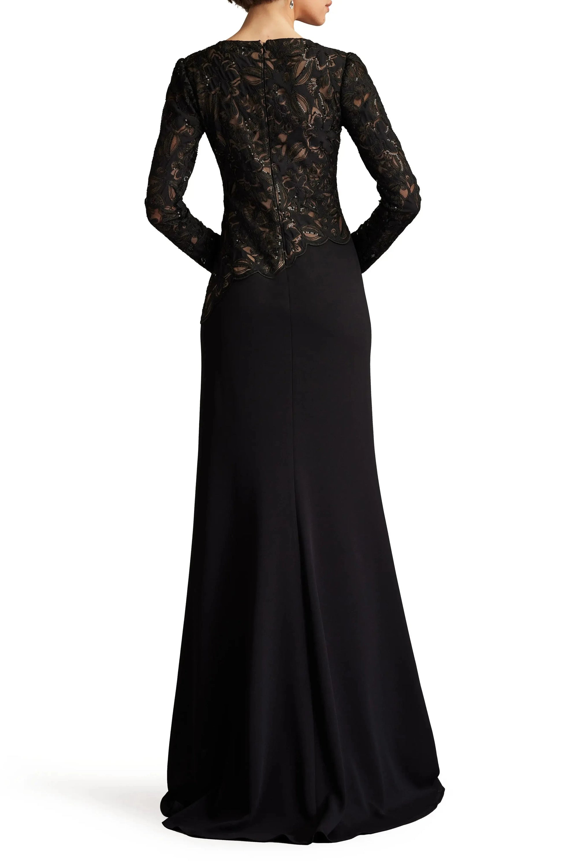 Lace Overlay Trumpet Crew Neck Long Sleeve Zipper Back Train Length For Sale Evening Dress by YiHuiw
