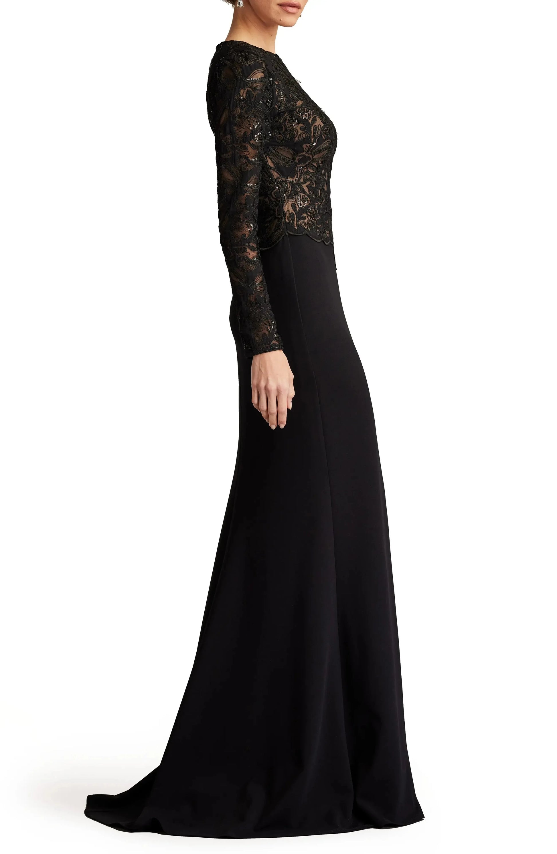 Lace Overlay Trumpet Crew Neck Long Sleeve Zipper Back Train Length For Sale Evening Dress by YiHuiw