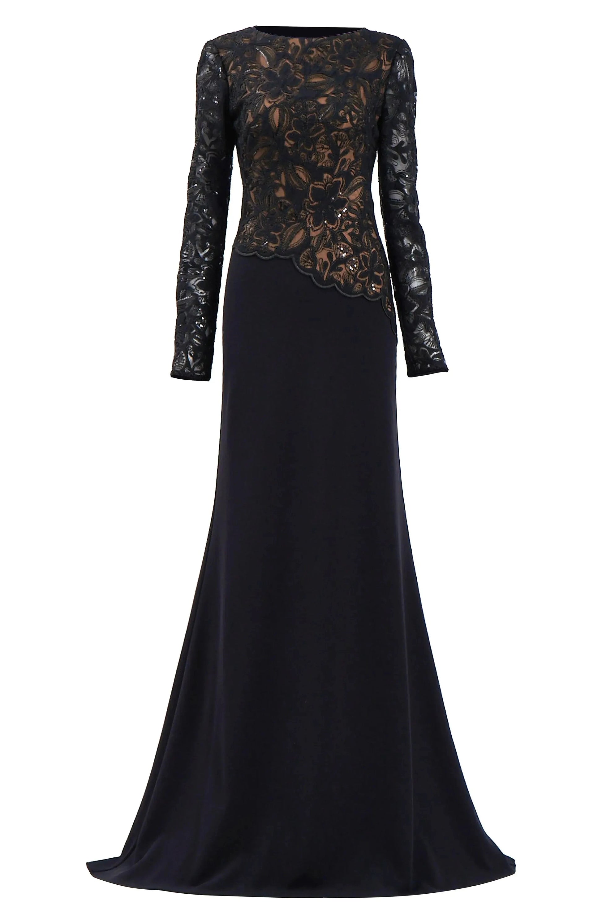 Lace Overlay Trumpet Crew Neck Long Sleeve Zipper Back Train Length For Sale Evening Dress by YiHuiw