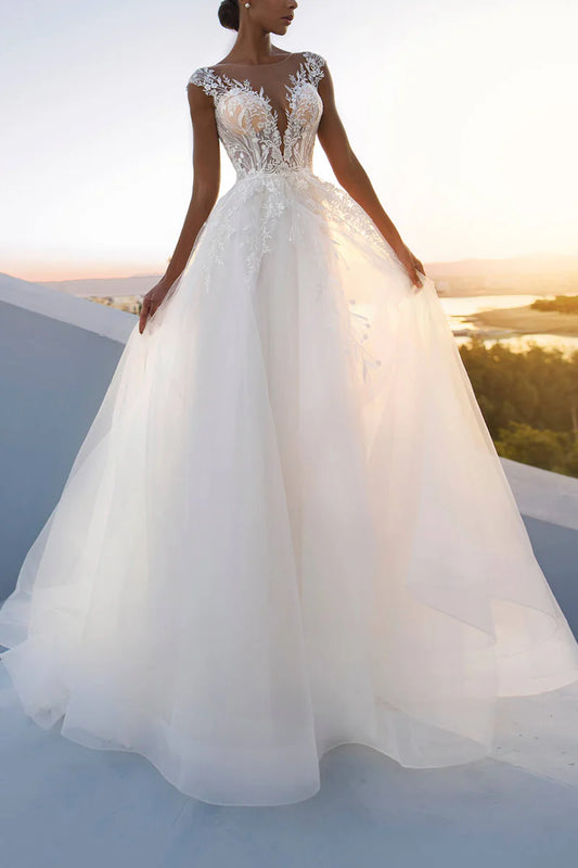 Lace Applique Illusion Neckline Ball Gown Wedding Dress with Cathedral Train