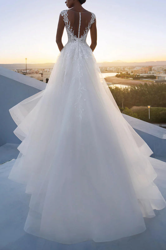 Lace Applique Illusion Neckline Ball Gown Wedding Dress with Cathedral Train