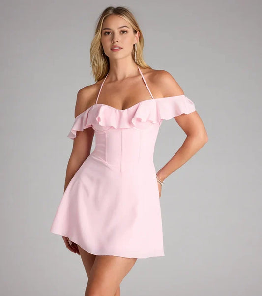 Blush Pink Off-the-Shoulder Homecoming Dress with Ruffle Neckline and A-Line Silhouette