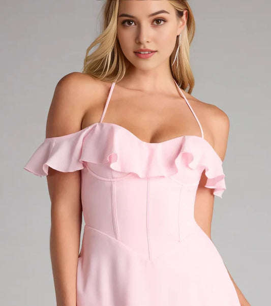 Blush Pink Off-the-Shoulder Homecoming Dress with Ruffle Neckline and A-Line Silhouette