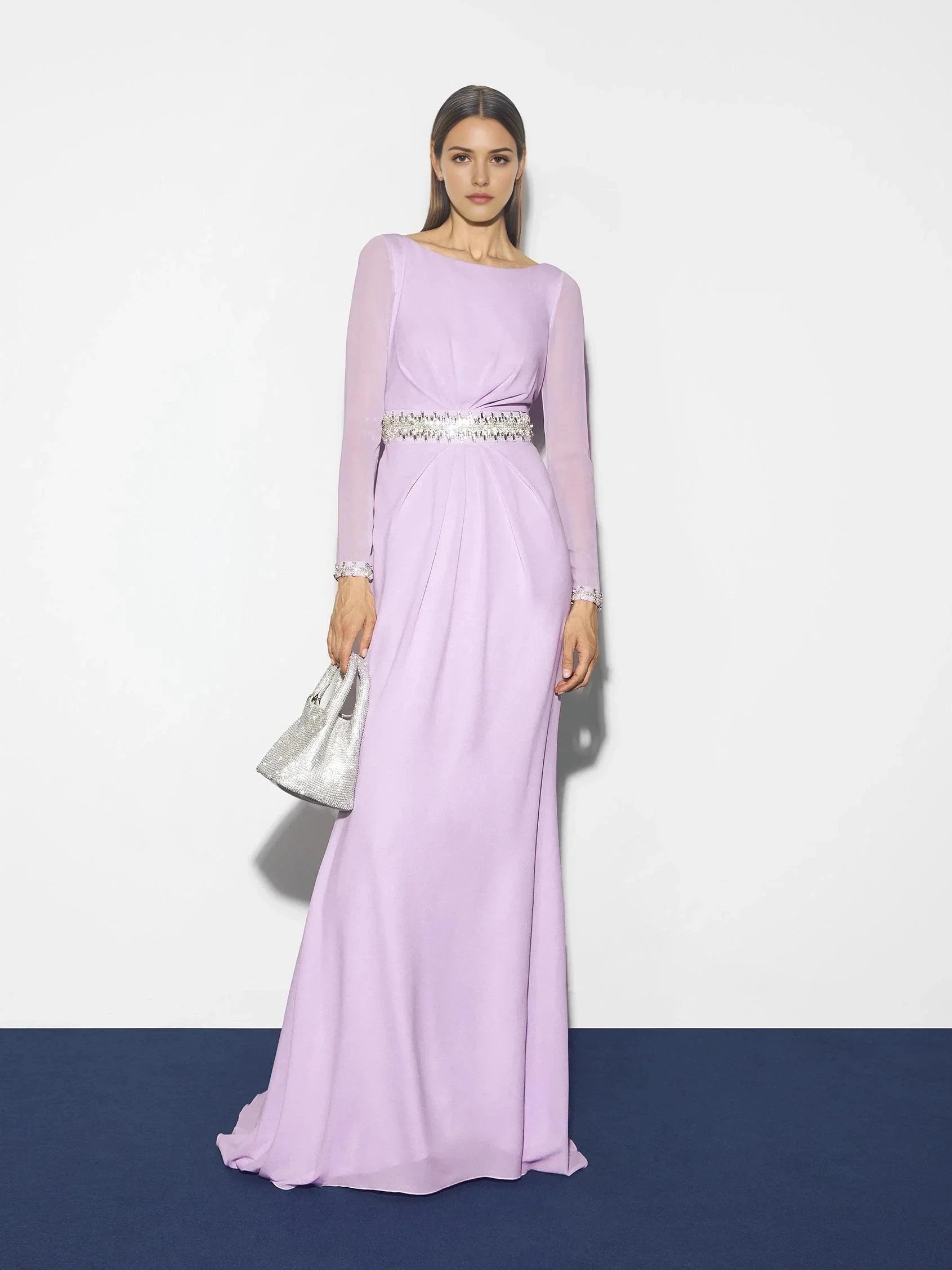 Lavender Beaded Long Sleeve Maxi Dress with Open Back Straight party dress with a boat neckline and long sleeves Mother of the Bride Dresses by YiHuiw