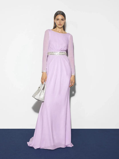 Lavender Beaded Long Sleeve Maxi Dress with Open Back Straight party dress with a boat neckline and long sleeves Mother of the Bride Dresses by YiHuiw