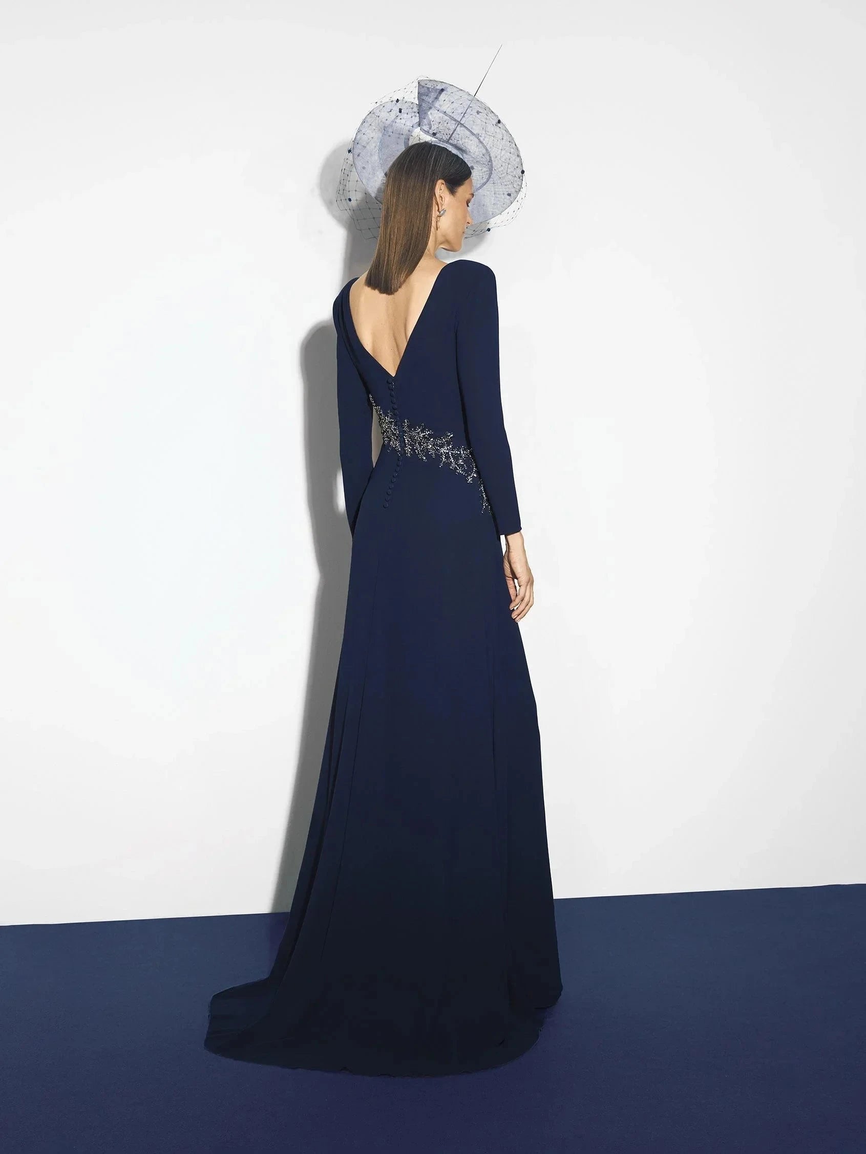 Navy Blue Beaded Long Sleeve Maxi Dress with Open Back Party dress with boat neckline and long sleeves in crepe Mother of the Bride Dresses by YiHuiw