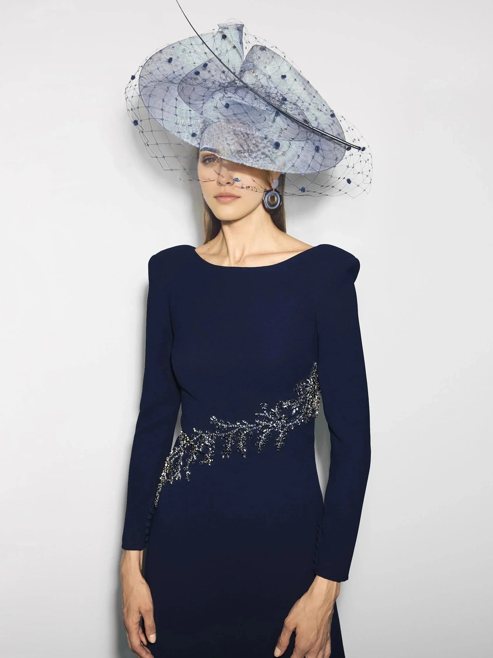 Navy Blue Beaded Long Sleeve Maxi Dress with Open Back Party dress with boat neckline and long sleeves in crepe Mother of the Bride Dresses by YiHuiw