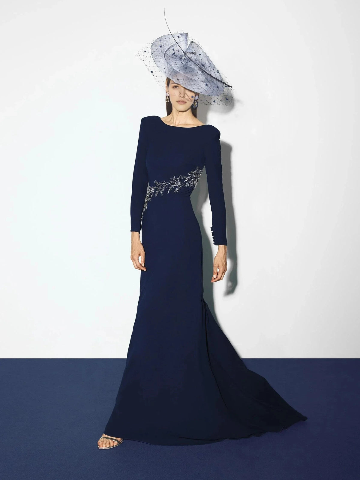 Navy Blue Beaded Long Sleeve Maxi Dress with Open Back Party dress with boat neckline and long sleeves in crepe Mother of the Bride Dresses by YiHuiw