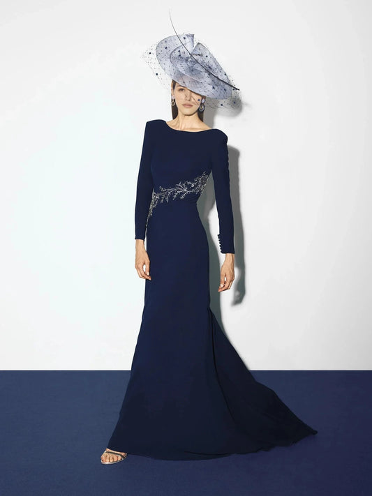 Navy Blue Beaded Long Sleeve Maxi Dress with Open Back Party dress with boat neckline and long sleeves in crepe Mother of the Bride Dresses by YiHuiw