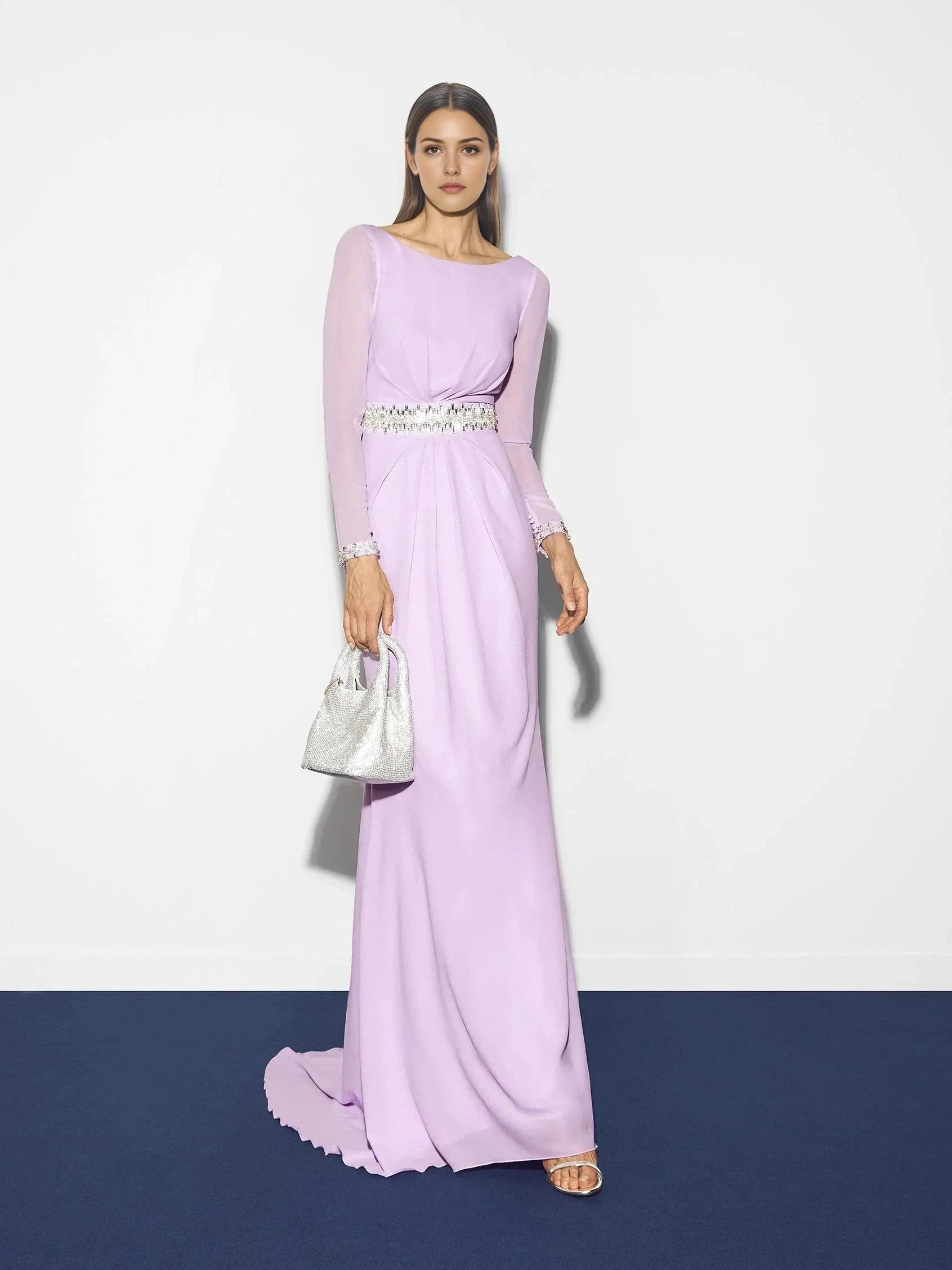 Lavender Beaded Long Sleeve Maxi Dress with Open Back Straight party dress with a boat neckline and long sleeves Mother of the Bride Dresses by YiHuiw