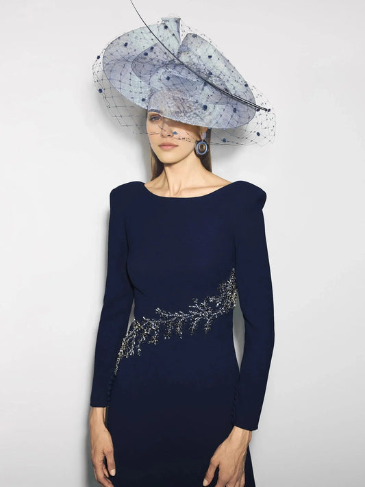 Navy Blue Beaded Long Sleeve Maxi Dress with Open Back Party dress with boat neckline and long sleeves in crepe Mother of the Bride Dresses by YiHuiw