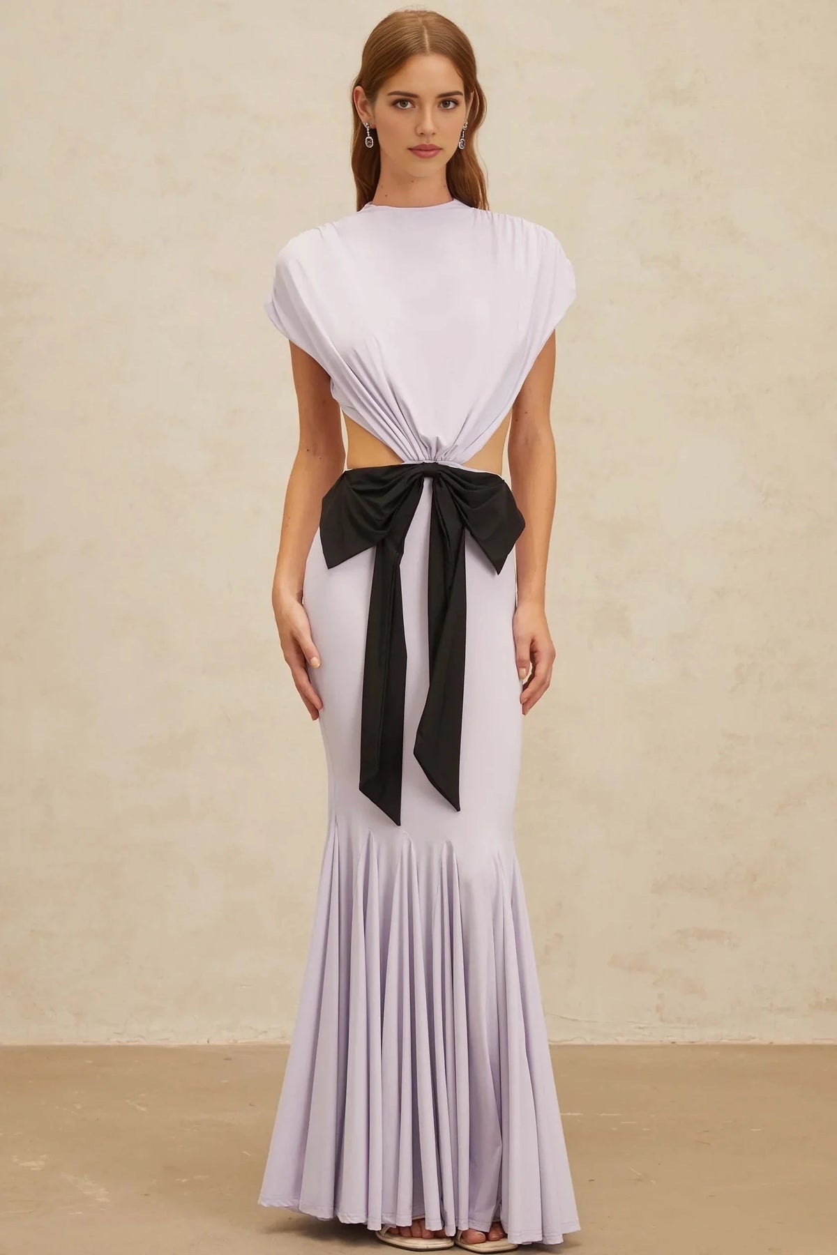 Lavender Cutout Maxi Dress with Black Bow Accent Manon Purple Bowknot Cut-Out Maxi Dress Evening Dress by YiHuiw