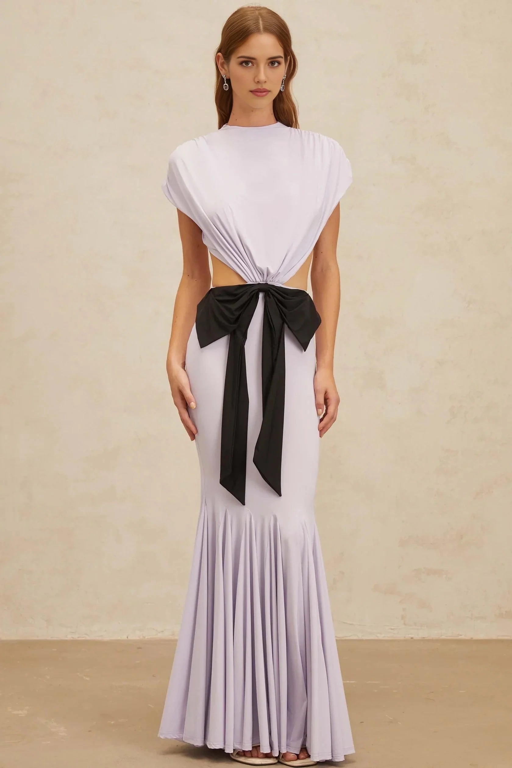 Lavender Cutout Maxi Dress with Black Bow Accent Manon Purple Bowknot Cut-Out Maxi Dress Evening Dress by YiHuiw