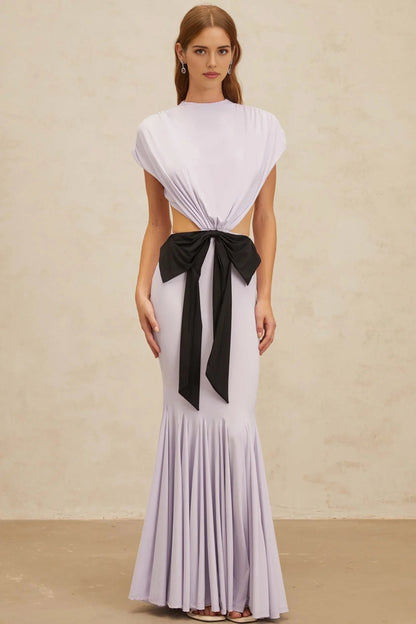 Lavender Cutout Maxi Dress with Black Bow Accent Manon Purple Bowknot Cut-Out Maxi Dress Evening Dress by YiHuiw