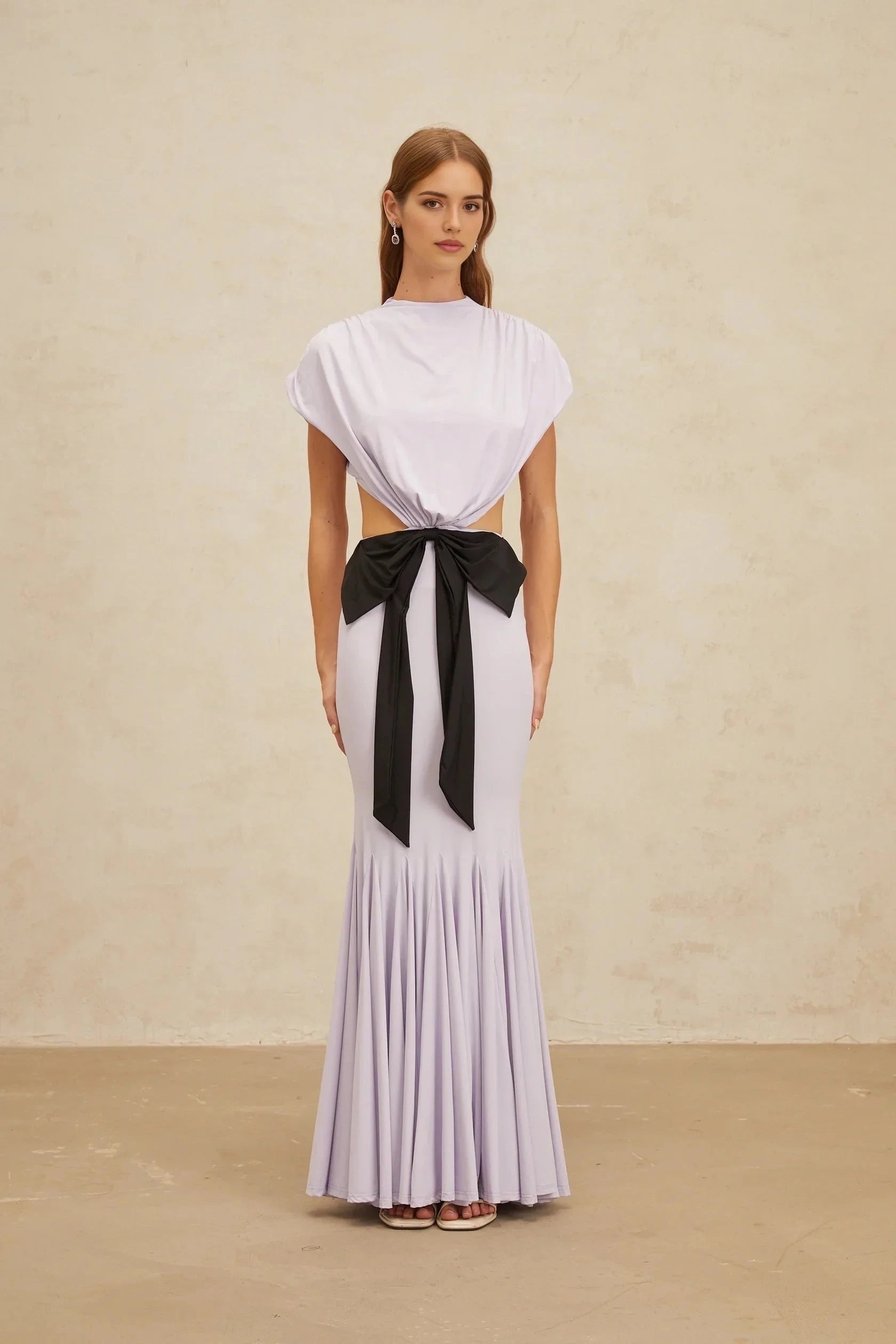 Lavender Cutout Maxi Dress with Black Bow Accent Manon Purple Bowknot Cut-Out Maxi Dress Evening Dress by YiHuiw