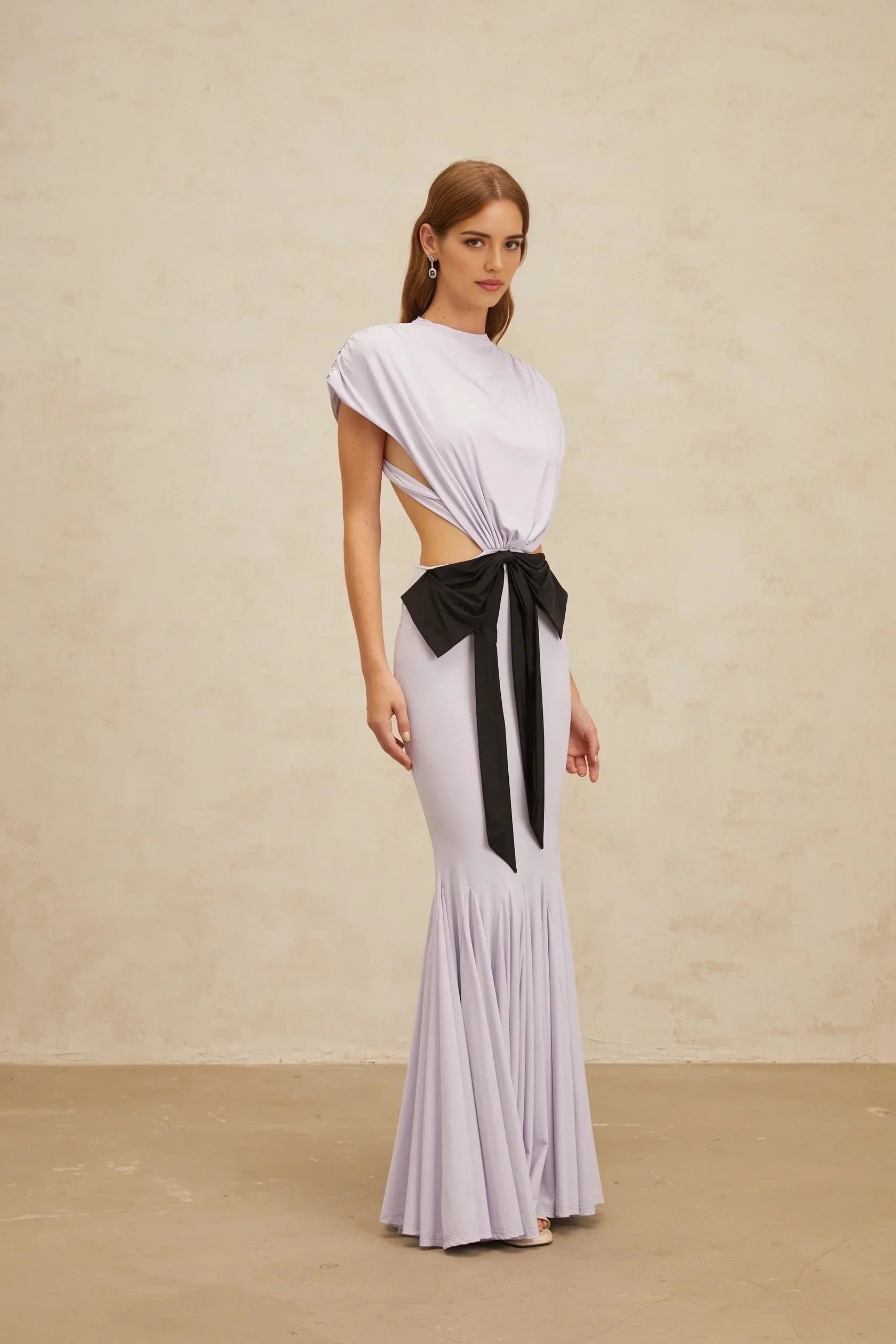 Lavender Cutout Maxi Dress with Black Bow Accent Manon Purple Bowknot Cut-Out Maxi Dress Evening Dress by YiHuiw