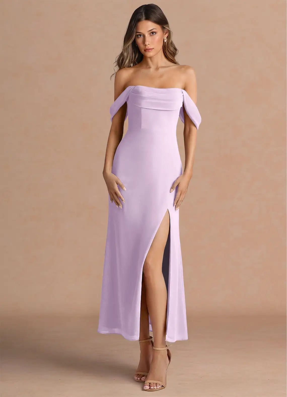 Lavender Chiffon High Slit Midi Wedding Dress - Yihuiw by Yihuiw