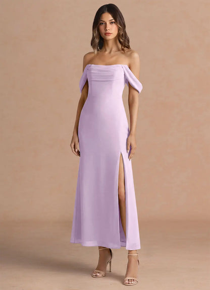 Lavender Chiffon High Slit Midi Wedding Dress - Yihuiw by Yihuiw