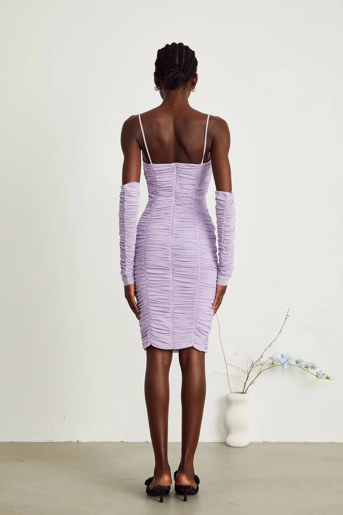 Lavender Ruched Cutout Midi Dress with Floral Accent and Sleeves Annabelle purple faux-flower ruched midi dress Evening Dress by YiHuiw