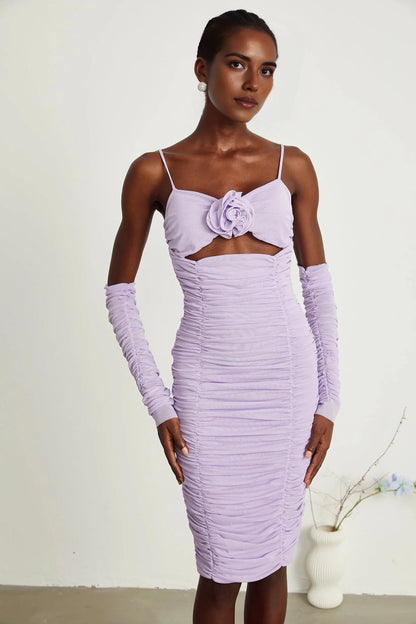 Lavender Ruched Cutout Midi Dress with Floral Accent and Sleeves Annabelle purple faux-flower ruched midi dress Evening Dress by YiHuiw