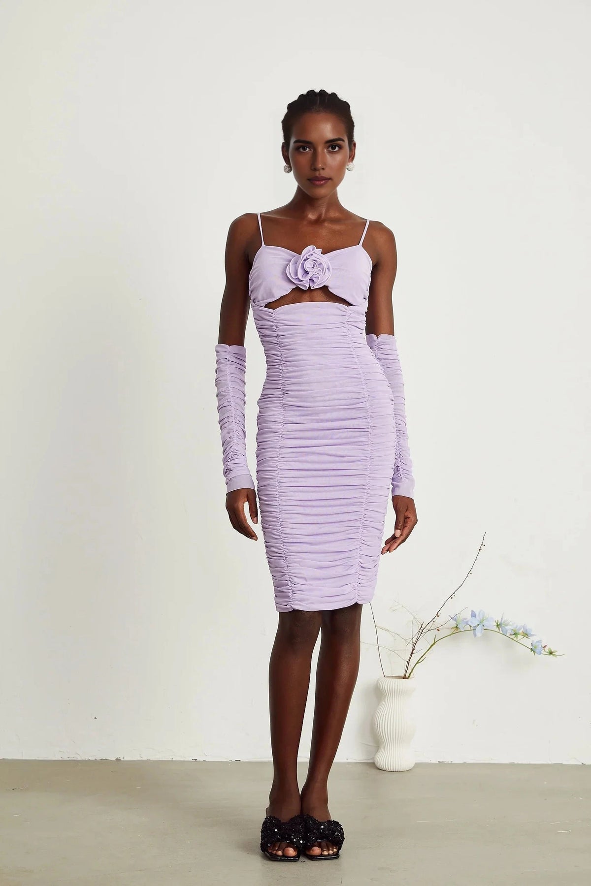 Lavender Ruched Cutout Midi Dress with Floral Accent and Sleeves Annabelle purple faux-flower ruched midi dress Evening Dress by YiHuiw