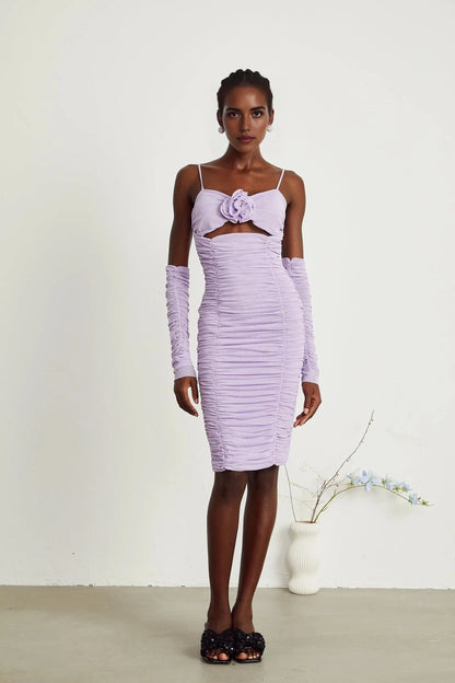 Lavender Ruched Cutout Midi Dress with Floral Accent and Sleeves Annabelle purple faux-flower ruched midi dress Evening Dress by YiHuiw