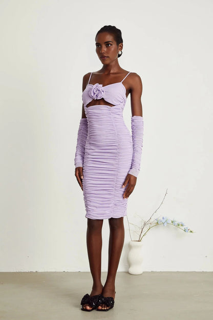 Lavender Ruched Cutout Midi Dress with Floral Accent and Sleeves Annabelle purple faux-flower ruched midi dress Evening Dress by YiHuiw