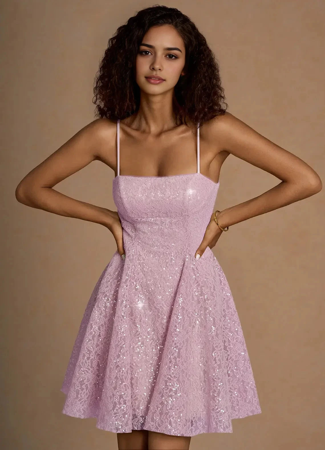 Lavender Sequin Lace Mini Dress with Criss - Cross Back Xenia Pink Sequin Mini Dress Homecoming Dresses by YiHuiw
