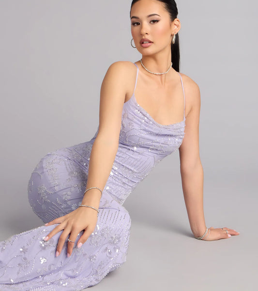 Lavender Mermaid Spaghetti Strap Lace Beaded Floor-Length Wedding Dress - Yihuiw by Yihuiw