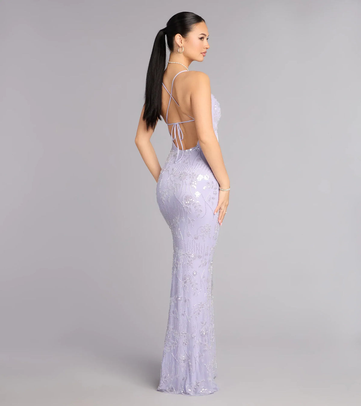 Lavender Mermaid Spaghetti Strap Lace Beaded Floor-Length Wedding Dress - Yihuiw by Yihuiw