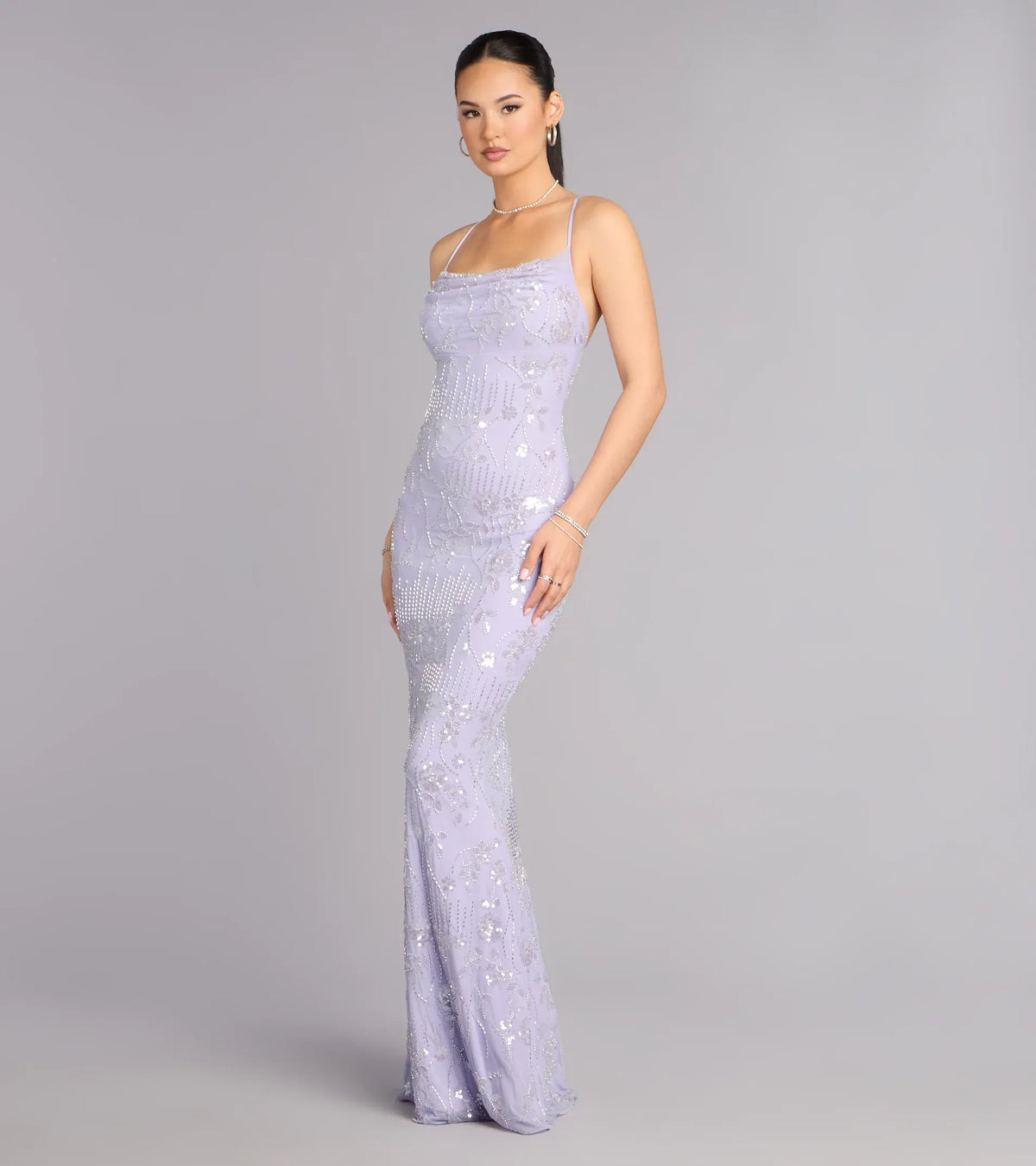Lavender Mermaid Spaghetti Strap Lace Beaded Floor-Length Wedding Dress - Yihuiw by Yihuiw