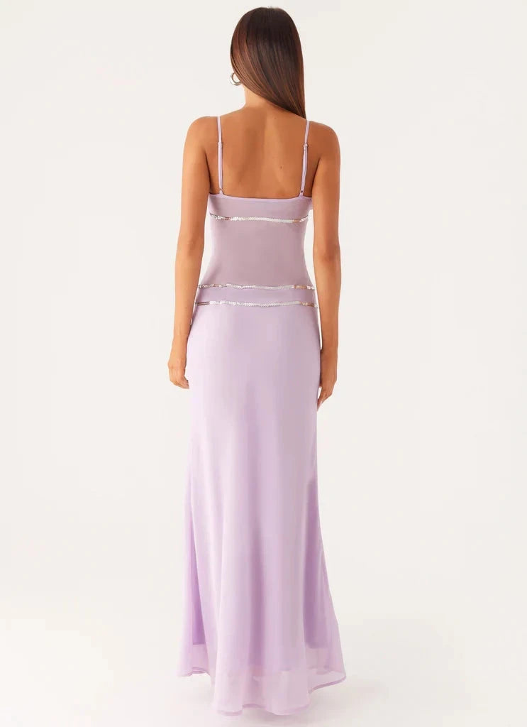 Lavender Spaghetti Strap Maxi Dress with Metallic Trim Sheer bodice Bridesmaid Dresses by YiHuiw