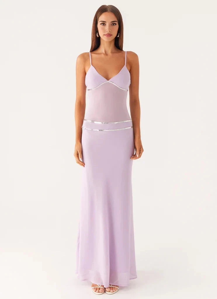Lavender Spaghetti Strap Maxi Dress with Metallic Trim Sheer bodice Bridesmaid Dresses by YiHuiw