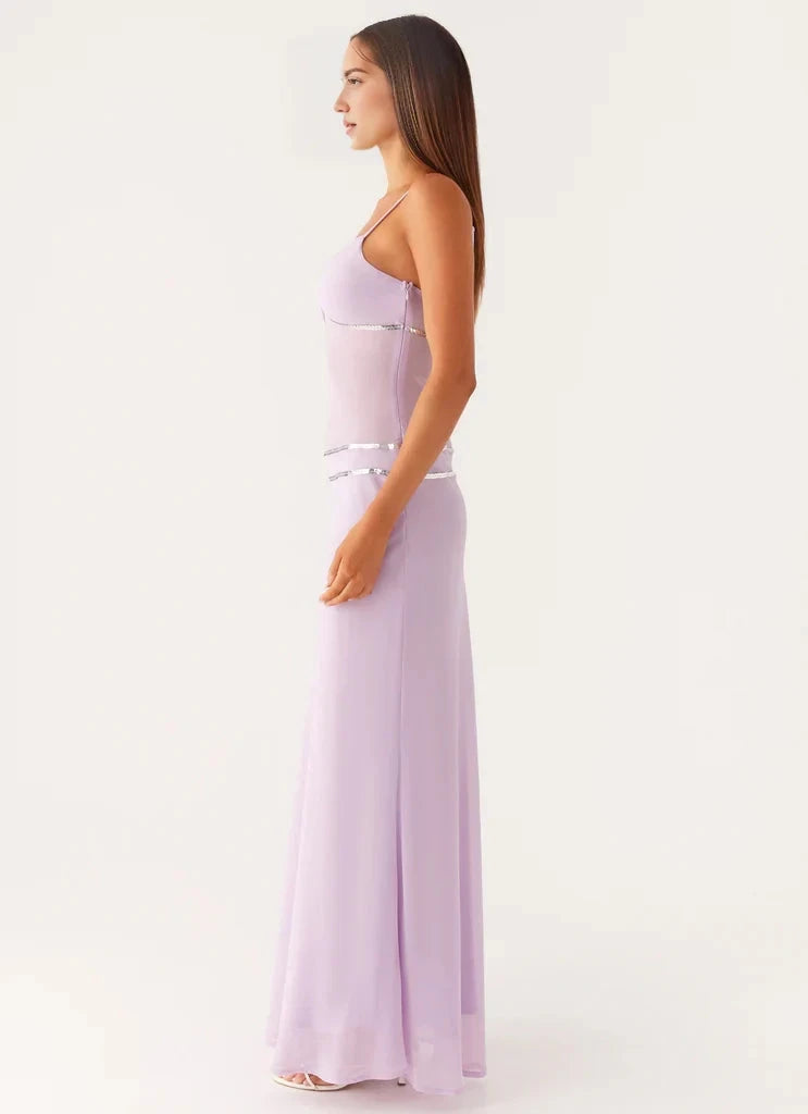 Lavender Spaghetti Strap Maxi Dress with Metallic Trim Sheer bodice Bridesmaid Dresses by YiHuiw