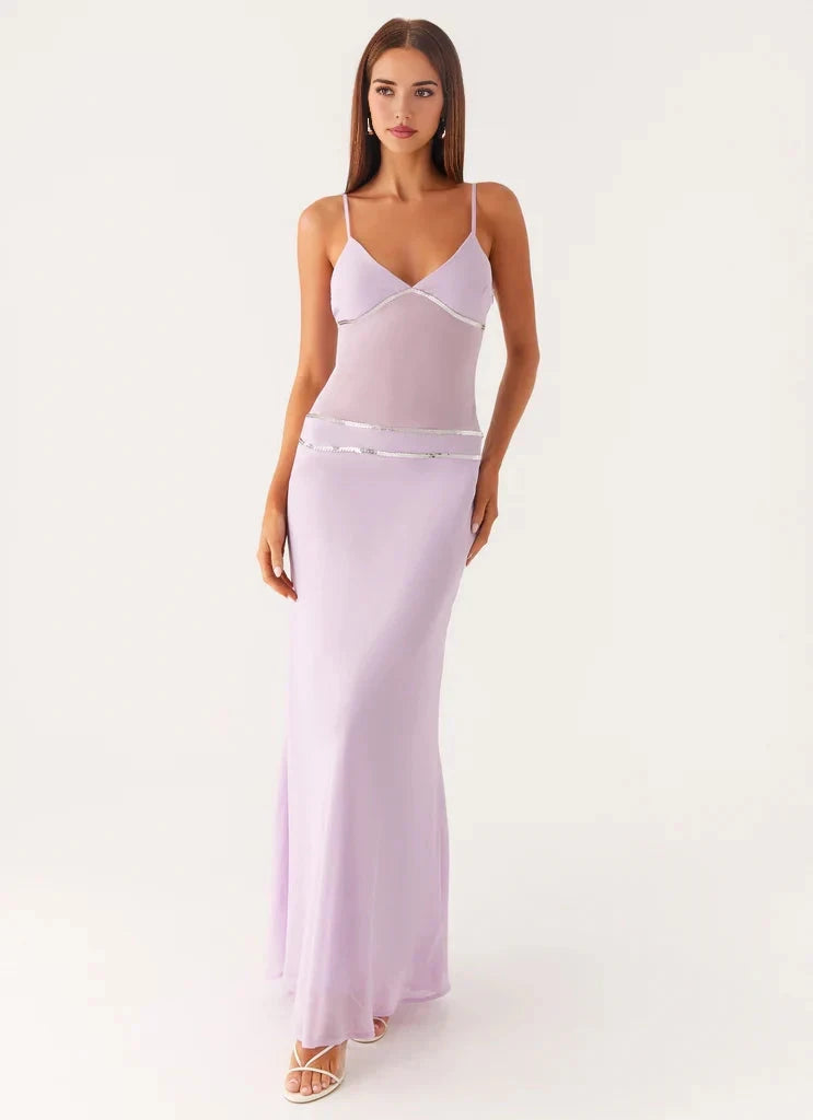 Lavender Spaghetti Strap Maxi Dress with Metallic Trim Sheer bodice Bridesmaid Dresses by YiHuiw