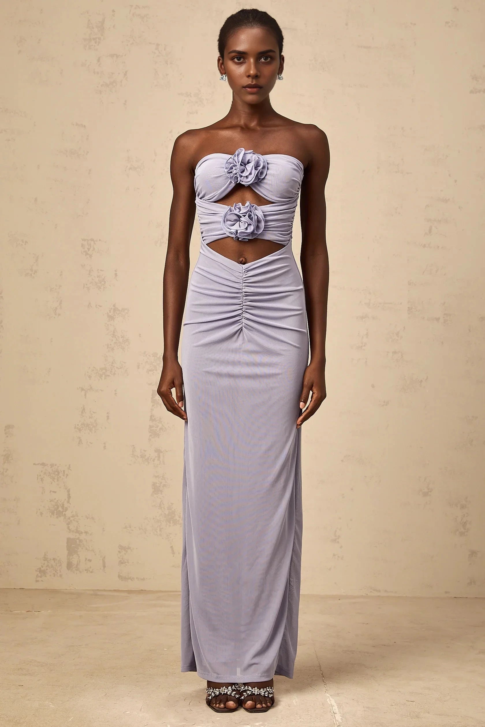 Lavender Strapless Cutout Maxi Dress with Floral Accents lavender 3D-petal ruched corset maxi dress Evening Dress by YiHuiw