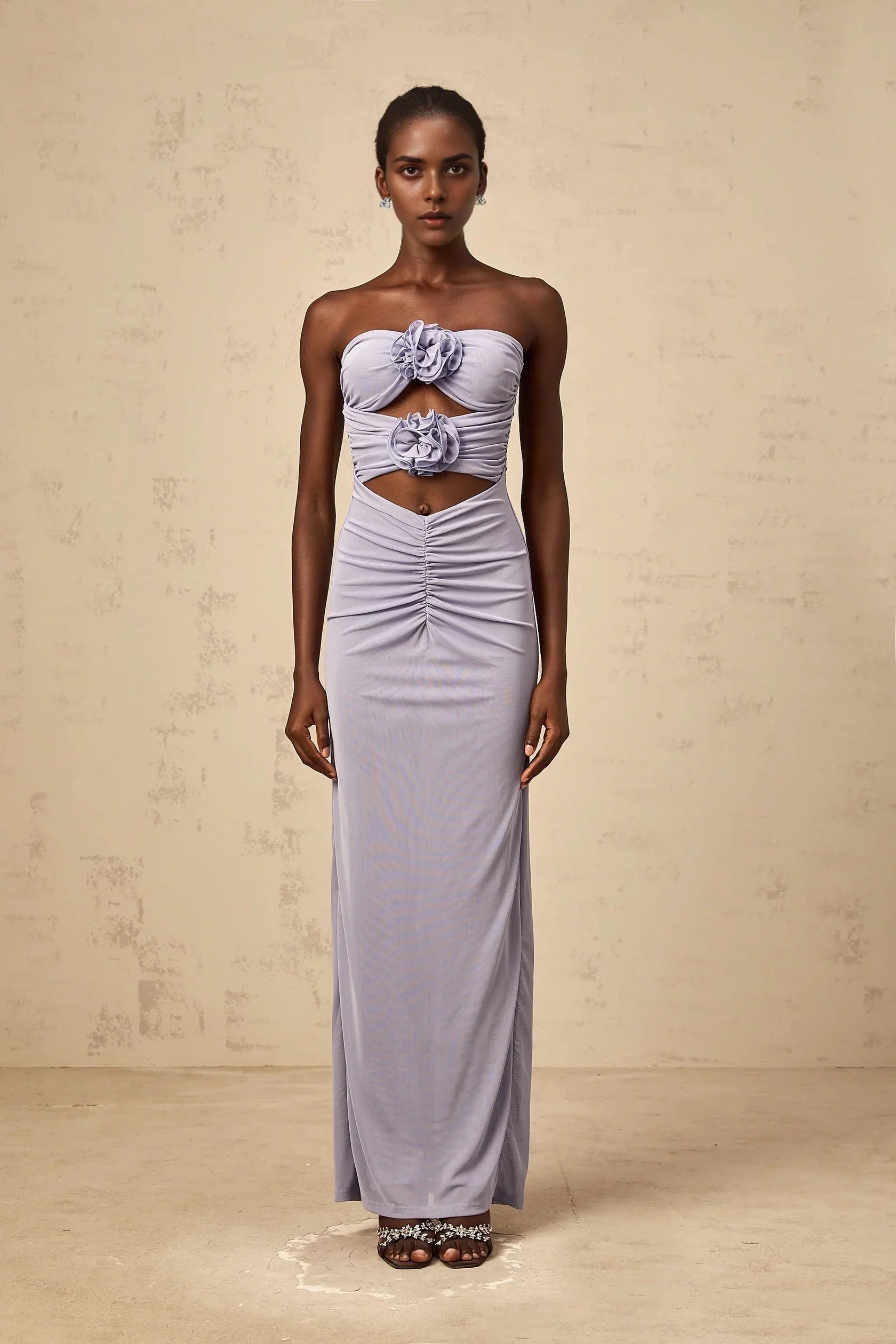 Lavender Strapless Cutout Maxi Dress with Floral Accents lavender 3D-petal ruched corset maxi dress Evening Dress by YiHuiw