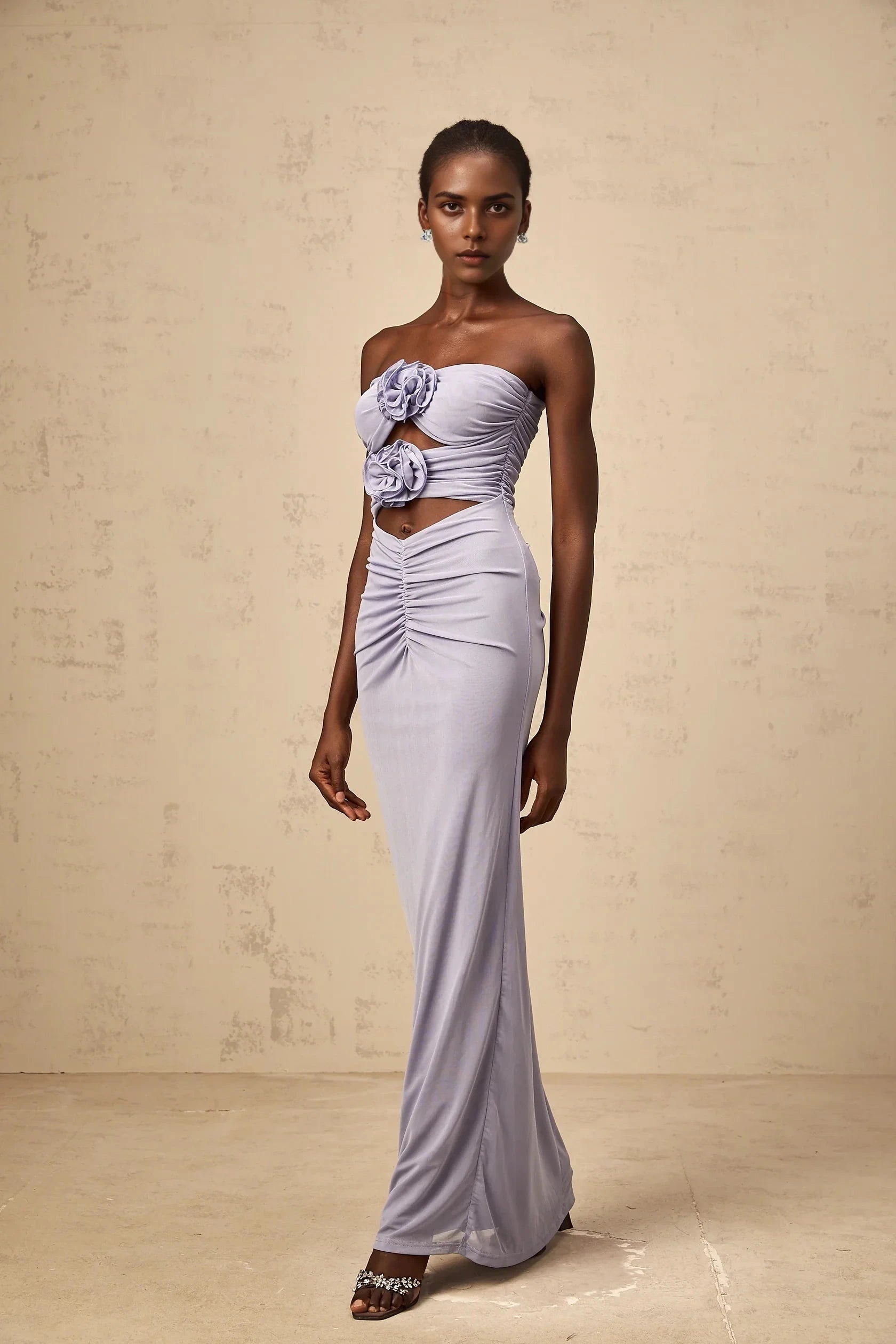 Lavender Strapless Cutout Maxi Dress with Floral Accents lavender 3D-petal ruched corset maxi dress Evening Dress by YiHuiw