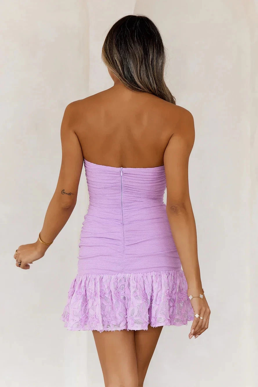 Lavender Strapless Ruched Mini Dress with Lace Ruffle Hem Textured fabrication Frill hem, embroidered. Short Prom Dress by YiHuiw