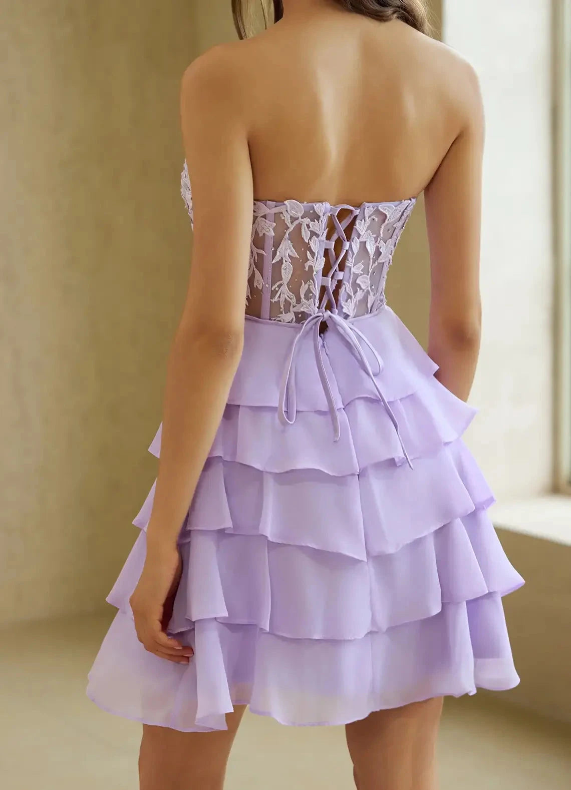 Lavender Strapless Tiered Mini Dress with Lace Detail Crinelle Purple Mini Dress Homecoming Dresses by YiHuiw