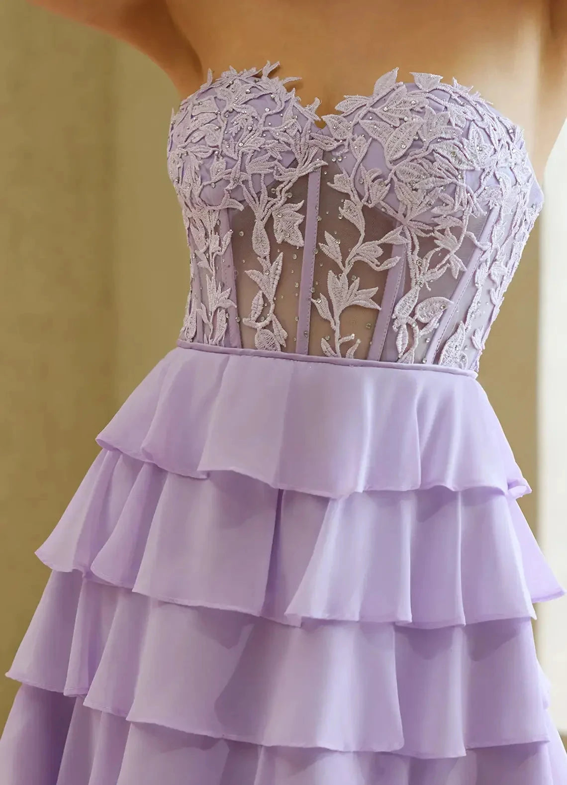 Lavender Strapless Tiered Mini Dress with Lace Detail Crinelle Purple Mini Dress Homecoming Dresses by YiHuiw