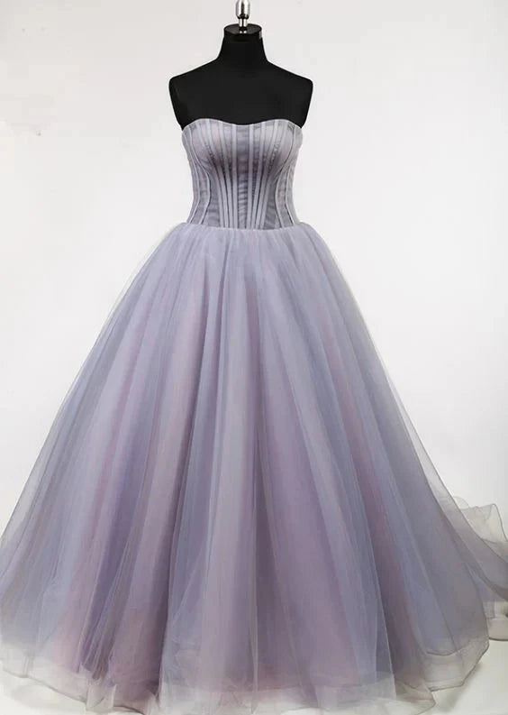 Lavender Strapless Tulle Ball Gown with Corset Bodice Puffy A Line Off Shoulder Pleat Lace Up Back Court Train Elegant Lady Lovely Light Purple prom dress Party Dresses by YiHuiw